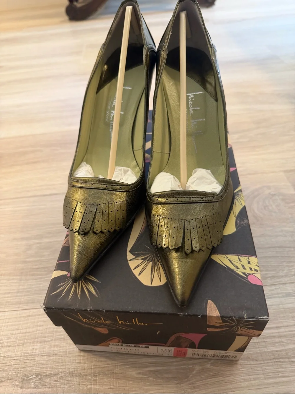 Nicole Miller Olive Green Metallic Pointed-Toe Stiletto Pumps